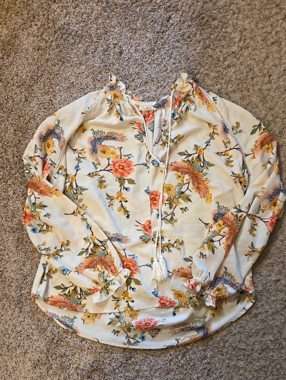 Women’s Cream Floral Peasant Blouse with Tie Neck